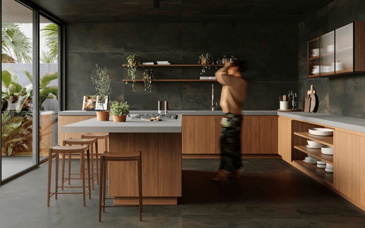 Cozinha com revestimento Cais Oleo AC 3D e Materia Grafite