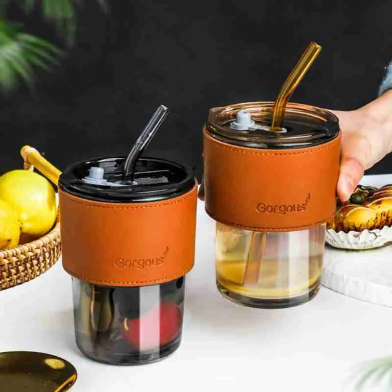 Copo de Vidro com Canudo e Tampa