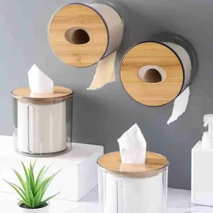 Porta Papel Higiênico de Luxo Transparente com Tampa de Bambú