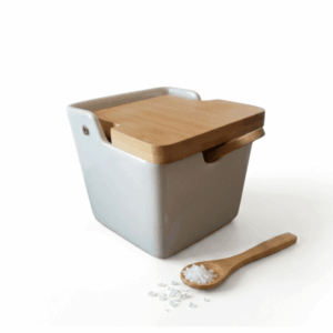 Saleiro Cerâmica com Tampa de Bambu e Colher Pote Porta Sal Cozinha