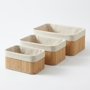Kit Cesto Organizador de Bambu e Tecido Multiuso para Banheiro Closet e Cozinha