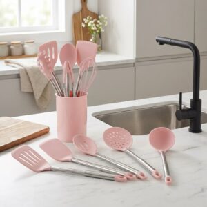 Kit Utensílios de Cozinha Silicone Rosa 12 Peças com Suporte