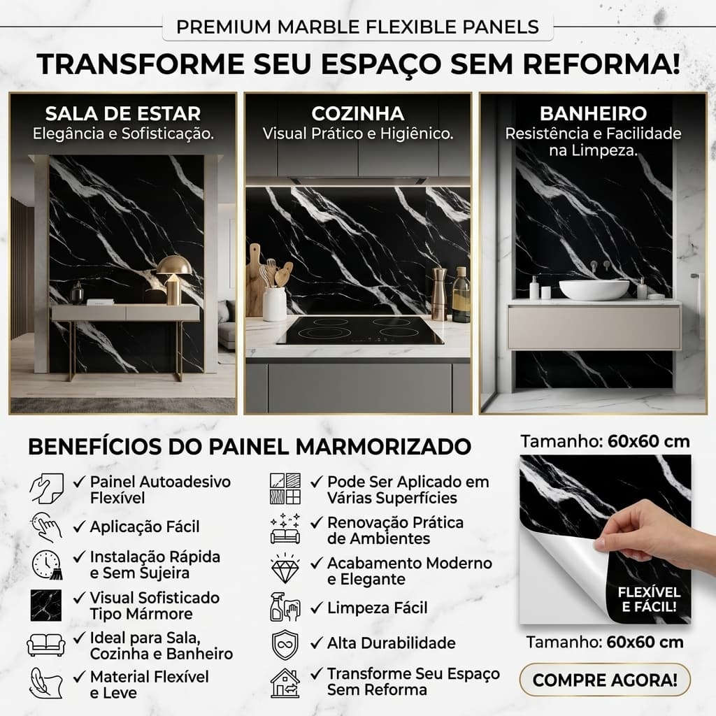 Papel de Parede Mármore Preto Autocolante 60x60 Painel Flexivel - Imagem 8