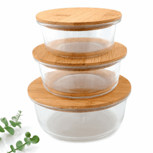 Pote Hermético de Vidro Kit 3 com Tampa de Bambu