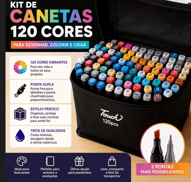 Caneta Touch 120 Cores Kit Marcador Profissional Dupla Ponta com Estojo