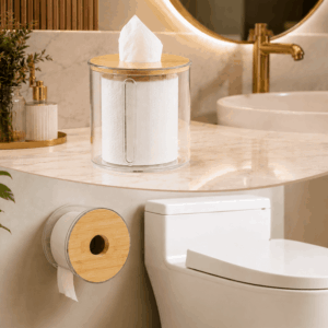 Porta Papel Higiênico de Luxo Transparente com Tampa de Bambú
