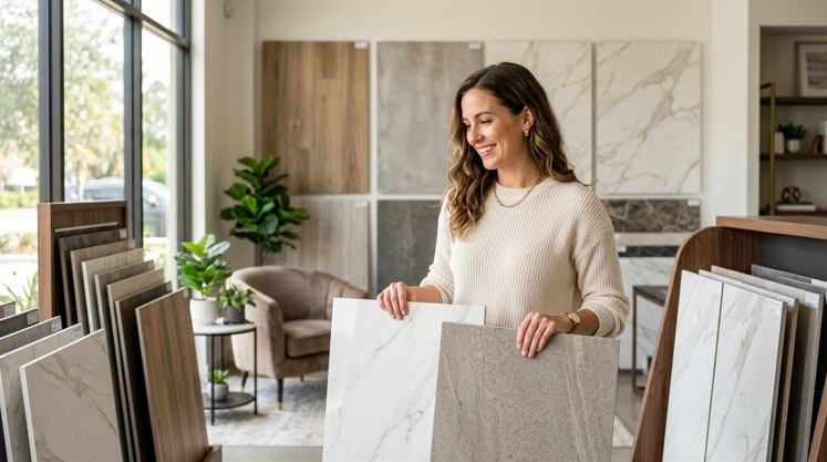 Cliente escolhendo amostras de porcelanato para decoração da casa
