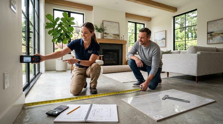 Pessoa medindo o ambiente com trena antes de calcular a quantidade de porcelanato