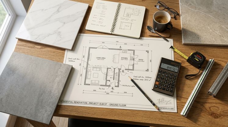 Planta baixa, amostras de porcelanato e calculadora para planejar a quantidade de material