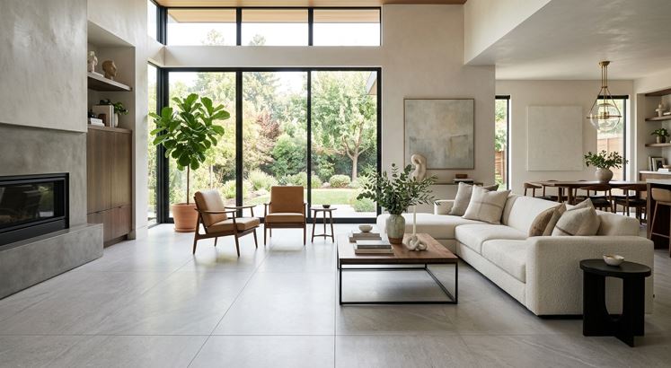 Sala de estar com piso de porcelanato cinza claro em formato grande, ambiente moderno e iluminado