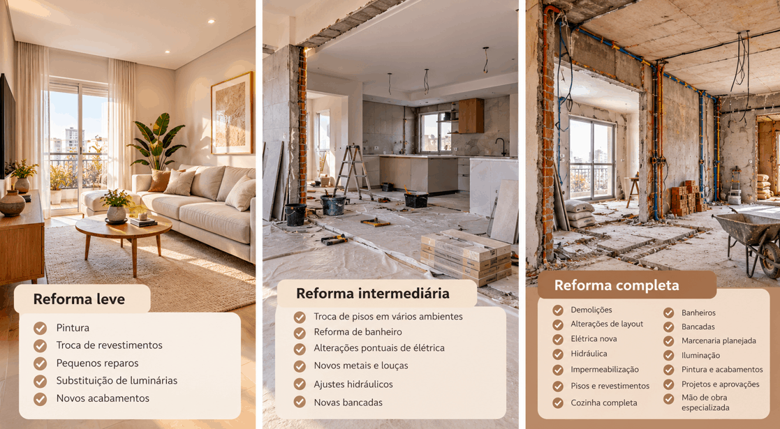 Exemplos de reforma leve, intermediária e completa
